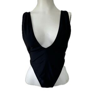 Fashion Nova Solid Black Plunge V Neckline Adjustable One Piece Swimsuit XS
